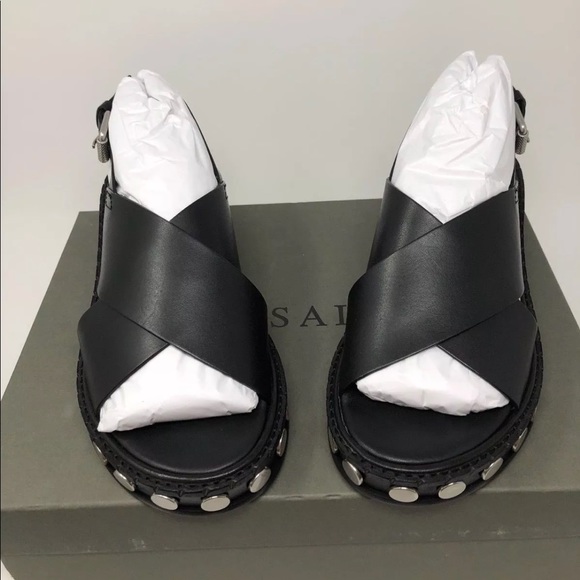 AllSaints Leather Sandal Slingback Strap Stud Heel - Picture 3 of 8